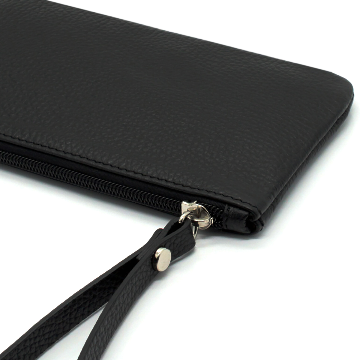 Pochette Unisex in Vera Pelle Nera Borsello con Manico da Polso